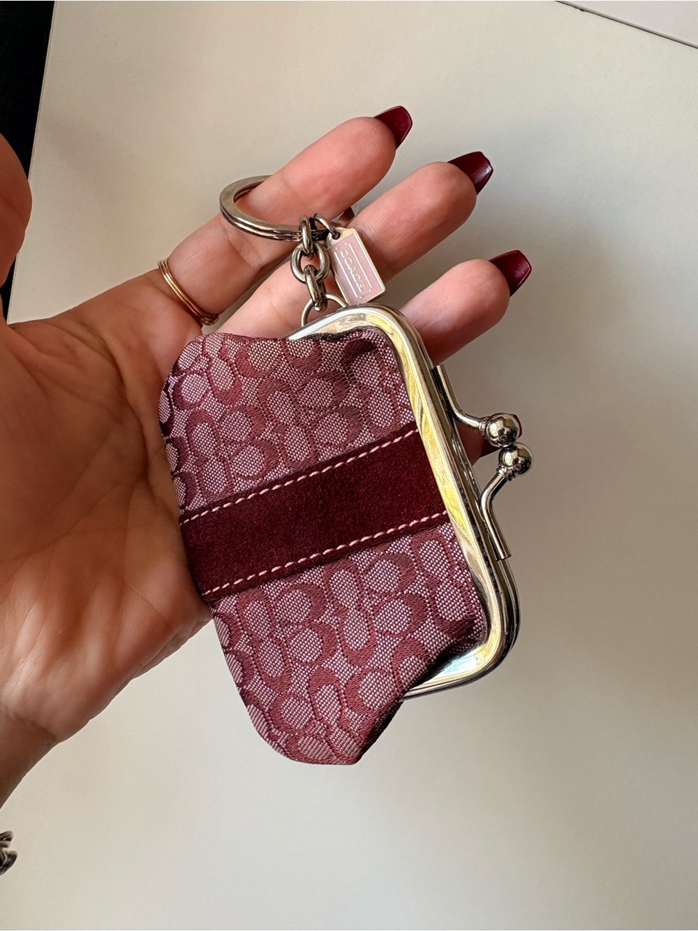 Coach Maroon Signature Coin Purse Key Holder with Suede Trim